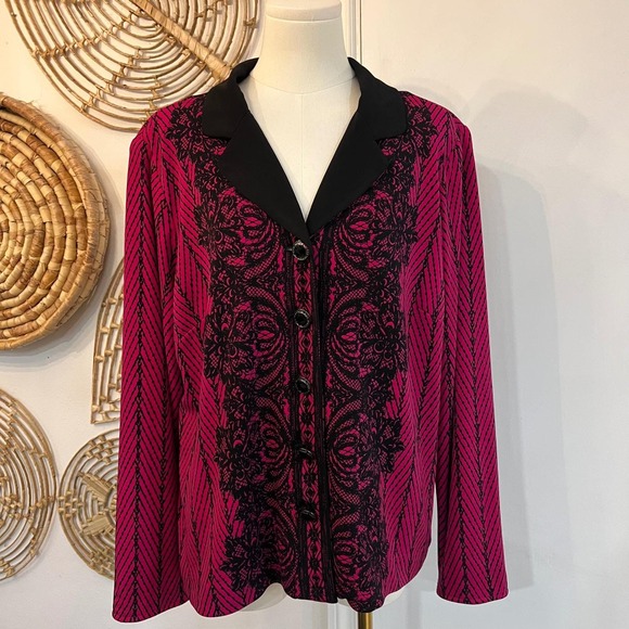 Bob Mackie Jackets & Blazers - Bob Mackie Wearable Art Lace Print Blazer Jacket Pink Black Statement Jacket L